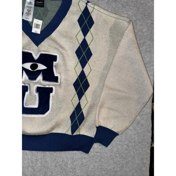 Disney Parks Monsters University Sweater Large Cream Navy V-Neck MU - Picture 5 of 14